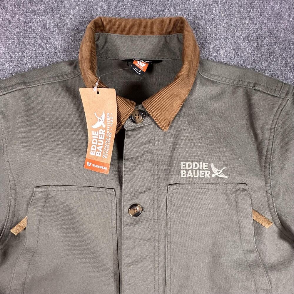 Eddie Bauer Chore Coat Jacket Mens Small Green Workwear Corduroy Collar Canvas - Picture 2 of 10